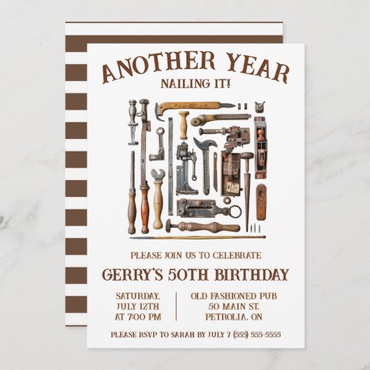 もう1年も釘付け!木工用誕生日 招待状 (正面/裏面)