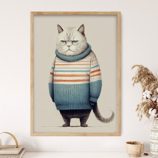 もこもこセーターを着た太った猫、可愛い猫のイラスト、楽しい ポスター