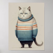 もこもこセーターを着た太った猫、可愛い猫のイラスト、楽しい ポスター (正面)