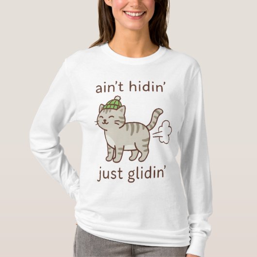 もこもこビーニーで滑るネコ Tシャツ (正面)