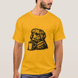 もこもこ犬のコーヒースケッチTシャツ 楽しいデザイン Tシャツ