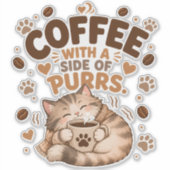 もこもこ猫のコーヒー愛好家ダイカットステッカー シール (正面)