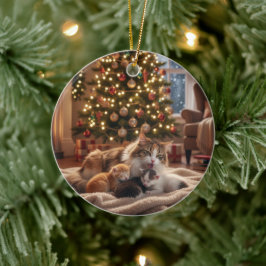 もこもこ猫家族のクリスマスツリー - おかあさんと子猫 セラミックオーナメント
