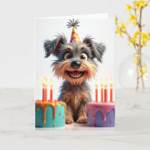 もじゃもじゃ犬のケーキの誕生日カード カード (黄色い花)