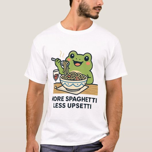 もっとスパゲッティ、もっと笑顔 - 面白い食べ物のユーモア Tシャツ (正面)