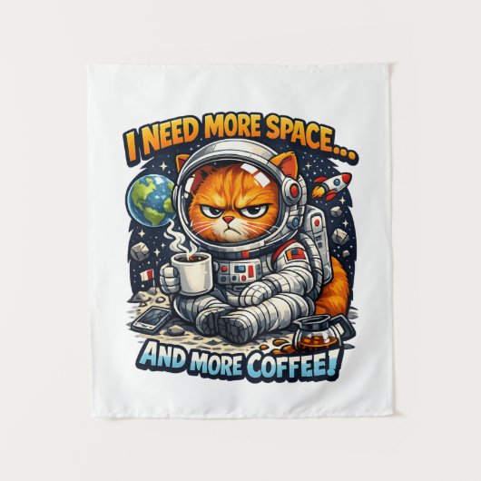 もっとスペースともっとコーヒーが欲しいおこった猫 タペストリー (正面)