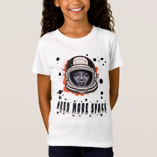 もっと広い宇宙へ – 女の子用Tシャツ、かわいい宇宙テーマ Tシャツ (正面)