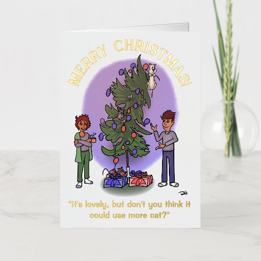 もっと猫ホワイトフォイル折り畳みクリスマスカード 箔グリーティングカード (正面)
