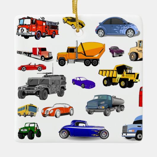 もっと車のトラックの普通消防車のブルドーザーバスレースカー セラミックオーナメント (正面)