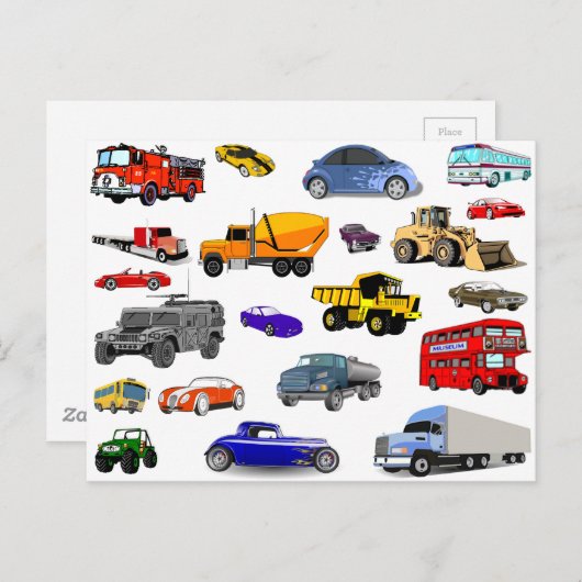 もっと車のトラックの普通消防車のブルドーザーバスレースカー ポストカード (正面/裏面)