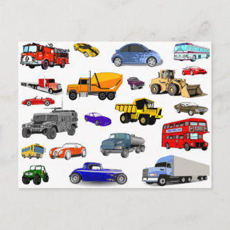 もっと車のトラックの普通消防車のブルドーザーバスレースカー ポストカード