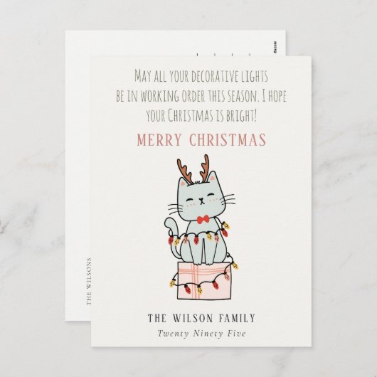 もつれおもしろいたワーキングクリスマスライトキャットギフト シーズンポストカード (正面/裏面)