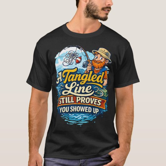 もつれたラインの釣りユーモアデザイン Tシャツ (正面)