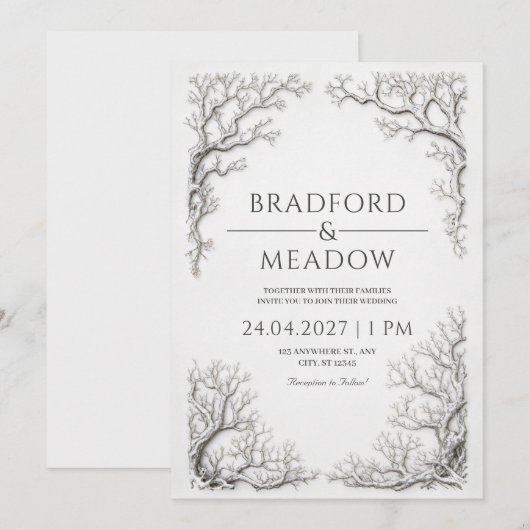 もつれた銀の枝　冬のゴシック　ボーダー　ウェディング 招待状 (正面/裏面)