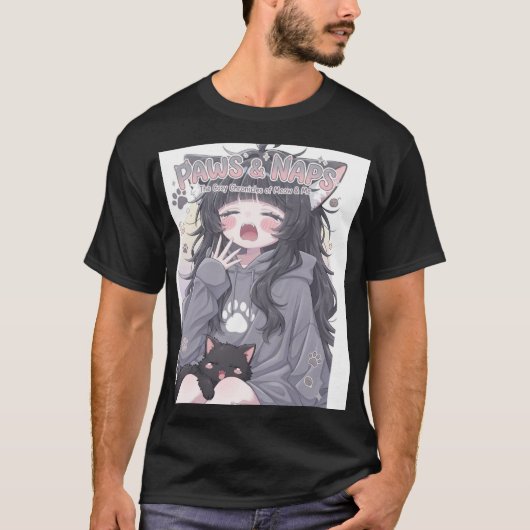 もふもふお昼寝 アニメ女子と猫のかわいいストリートデザイン Tシャツ (正面)