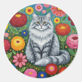 もふもふしたグレーストライプの猫とフォークアートの花 ラウンドシール