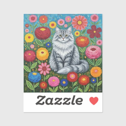 もふもふした灰色の縞模様の猫とフォークアートの花 シール (シート)