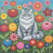 もふもふした灰色の縞模様の猫とフォークアートの花 シール (正面)