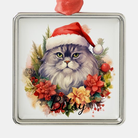 もふもふクリスマス猫フェイス メタルオーナメント (正面)