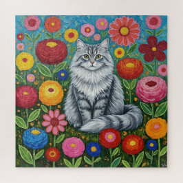 もふもふグレー縞模様の猫とフォークアートの花 ジグソーパズル