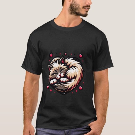 もふもふネコ 愛 ハート 眠り Tシャツ (正面)