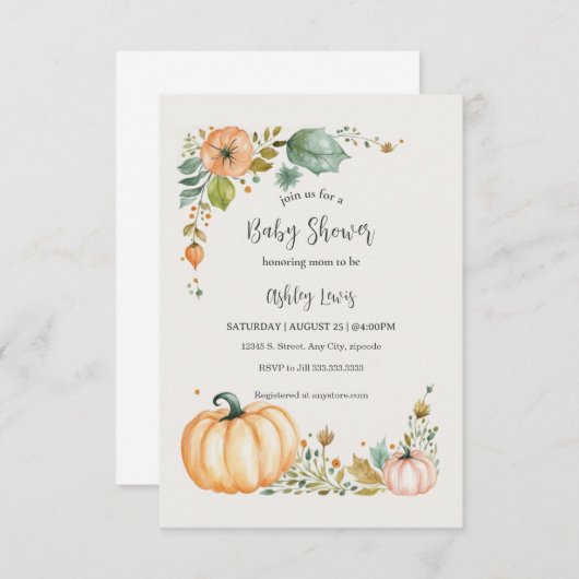 もみじの季節のパンプキンベイビーシャワーの招待状 招待状 (正面/裏面)
