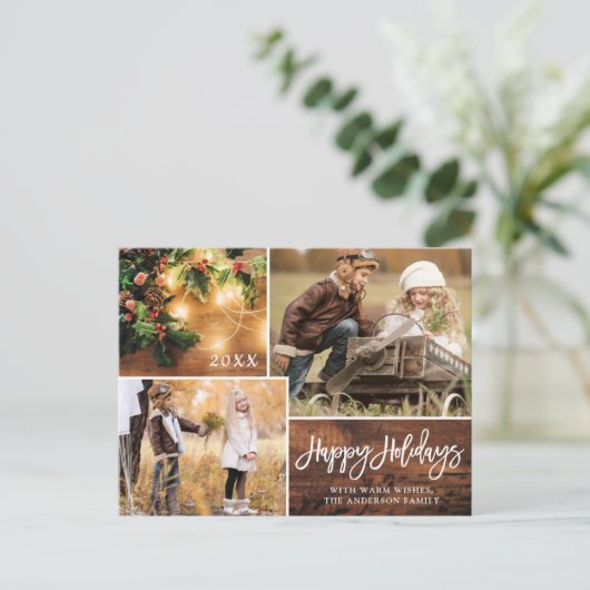 もみの木のクラシックなクリスマスの写真のホリデーグリーティング ポストカード (スタンド正面)