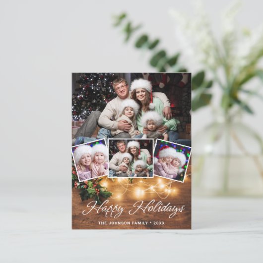 もみの木のクラシックなクリスマスの写真のホリデーグリーティング ポストカード (スタンド正面)