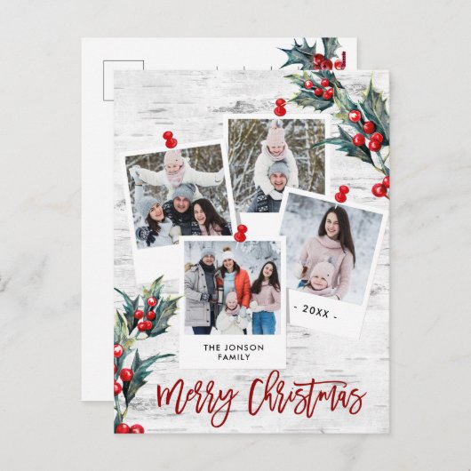 もみの木の素朴な樺の木のクリスマス 4枚の写真の休日 シーズンポストカード (正面/裏面)