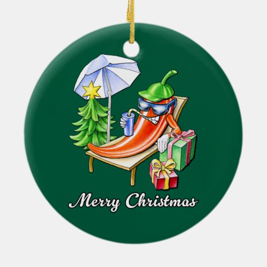 もみの緑の丸いメリークリスマスチリ セラミックオーナメント (裏面)