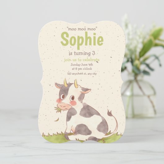 ももも牛の女の子の誕生日招待状、ファームガール 招待状 (スタンド正面)
