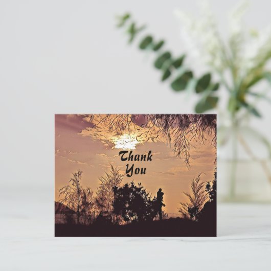 もも色の水彩画の夕焼け景色の木々感謝カード ポストカード (スタンド正面)