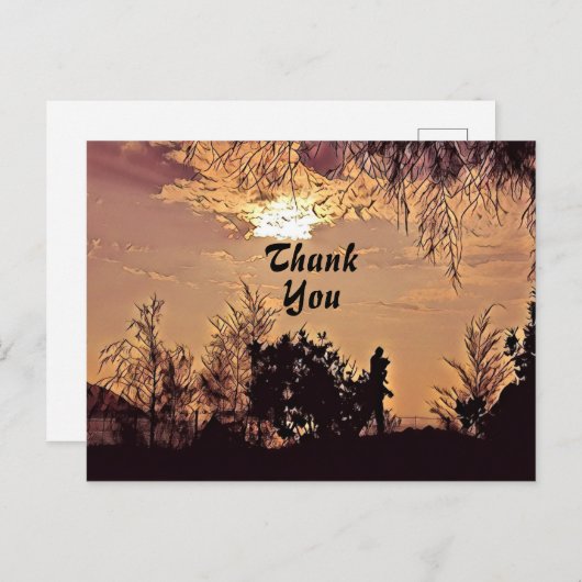 もも色の水彩画の夕焼け景色の木々感謝カード ポストカード (正面/裏面)