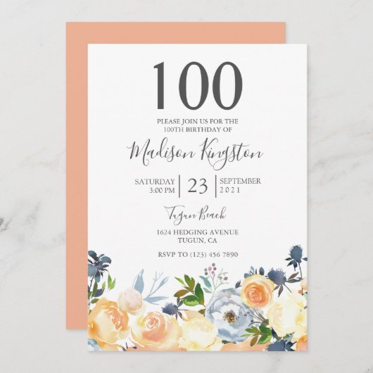 もも 花のきれいな100歳の誕生日パーティーの招待状 招待状 (正面/裏面)