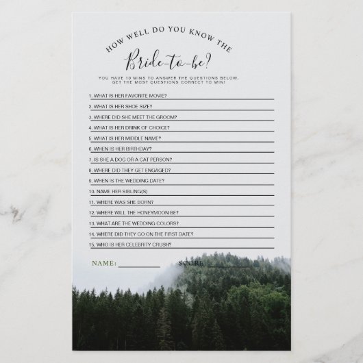 もやのかかった松の木の雨林 ブライダルシャワーゲーム (正面)