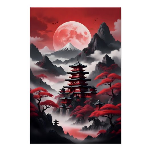 もやのかかる山にある日本の寺 ポスター (正面)