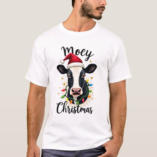 もーもーなクリスマス サンタ クリスマスライト 牛好き  Tシャツ (正面)