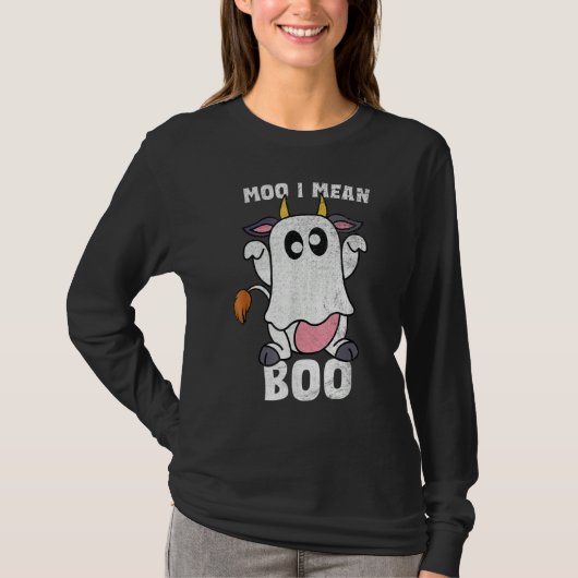 もー(牛)じゃないよブー(幽霊)だよ!ハロウィンの幽霊牛 Tシャツ (正面)