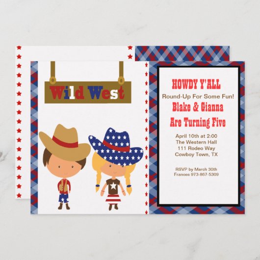 やあ! カウボーイ及び女性のカーボーイの誕生日の招待状 招待状 (正面/裏面)