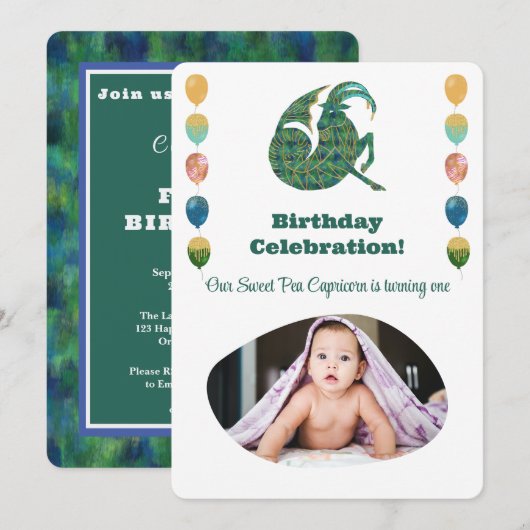 やぎ座の1歳の誕生日フォト インプレッショニスト ゴールド 招待状 (正面/裏面)