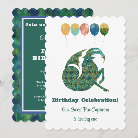 やぎ座の1歳の誕生日 印象派のゴールドラメ 招待状 (正面/裏面)