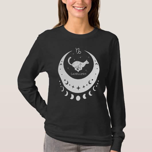 やぎ座 星座占い 占星術 ネコ 三日月 Tシャツ (正面)