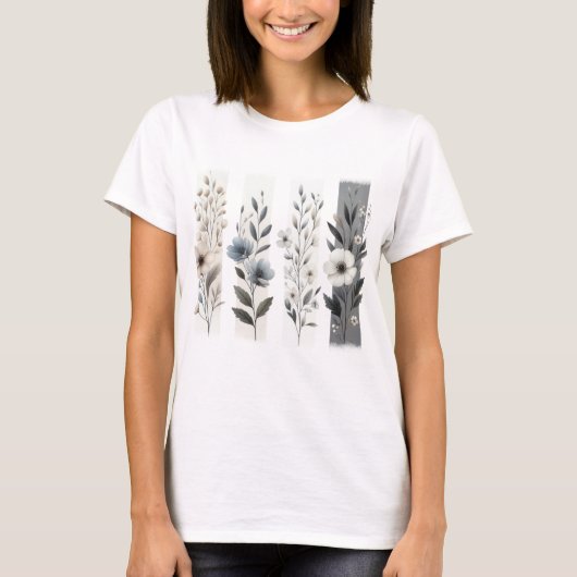 やさしいグレーとホワイトのパステルカラーの野の花 Tシャツ (正面)