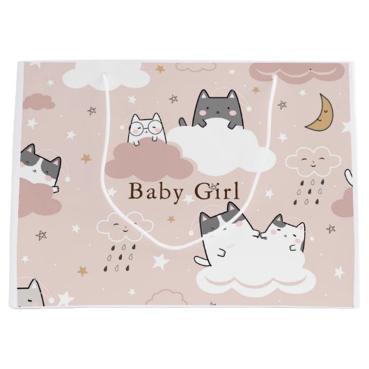 やさしいピンクの子猫柄 ラージペーパーバッグ (正面)