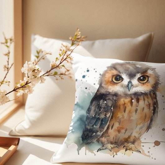 やさしい水彩色の森のフクロウ装飾 クッション