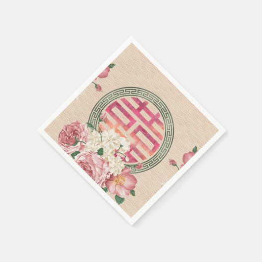 やさしい牡丹の模様に二重の幸福のシンボル スタンダードカクテルナプキン (角)