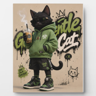 やさしい猫、都会のストリートウェア 黒猫マスコット デザイン フォトプラーク