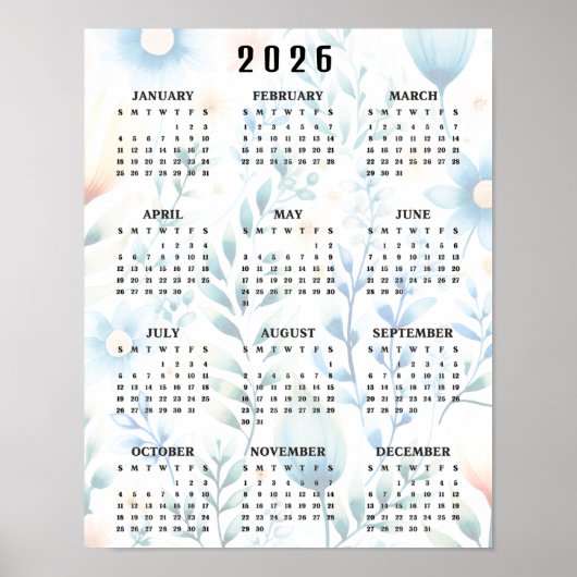 やさしい花柄のデザイン 2025-2026年 カレンンダー ポスター (正面)