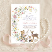 やさしい野の花の森の動物 女の子のベビーシャワー 招待状