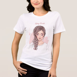 やさしくあれ 三つ編みのヘアスタイルと花のイラスト トライブレンドTシャツ